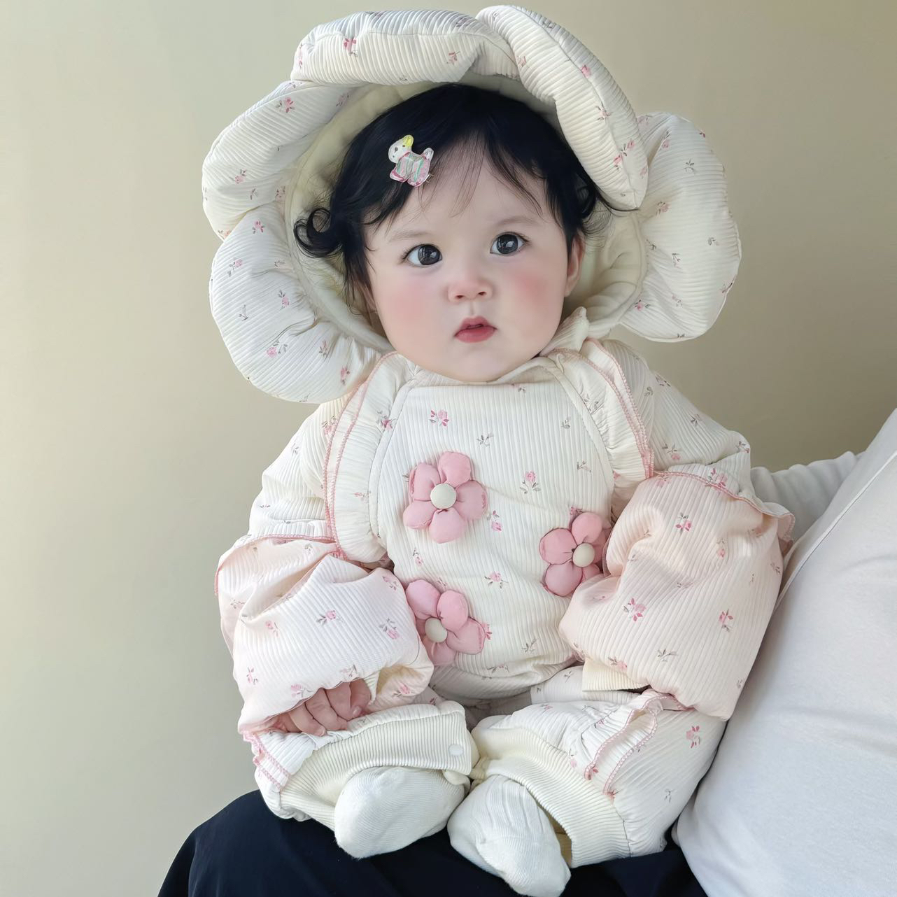 三朵花花连体女宝宝可爱超萌毛茸茸保暖哈衣冬季外出爬服加厚连体