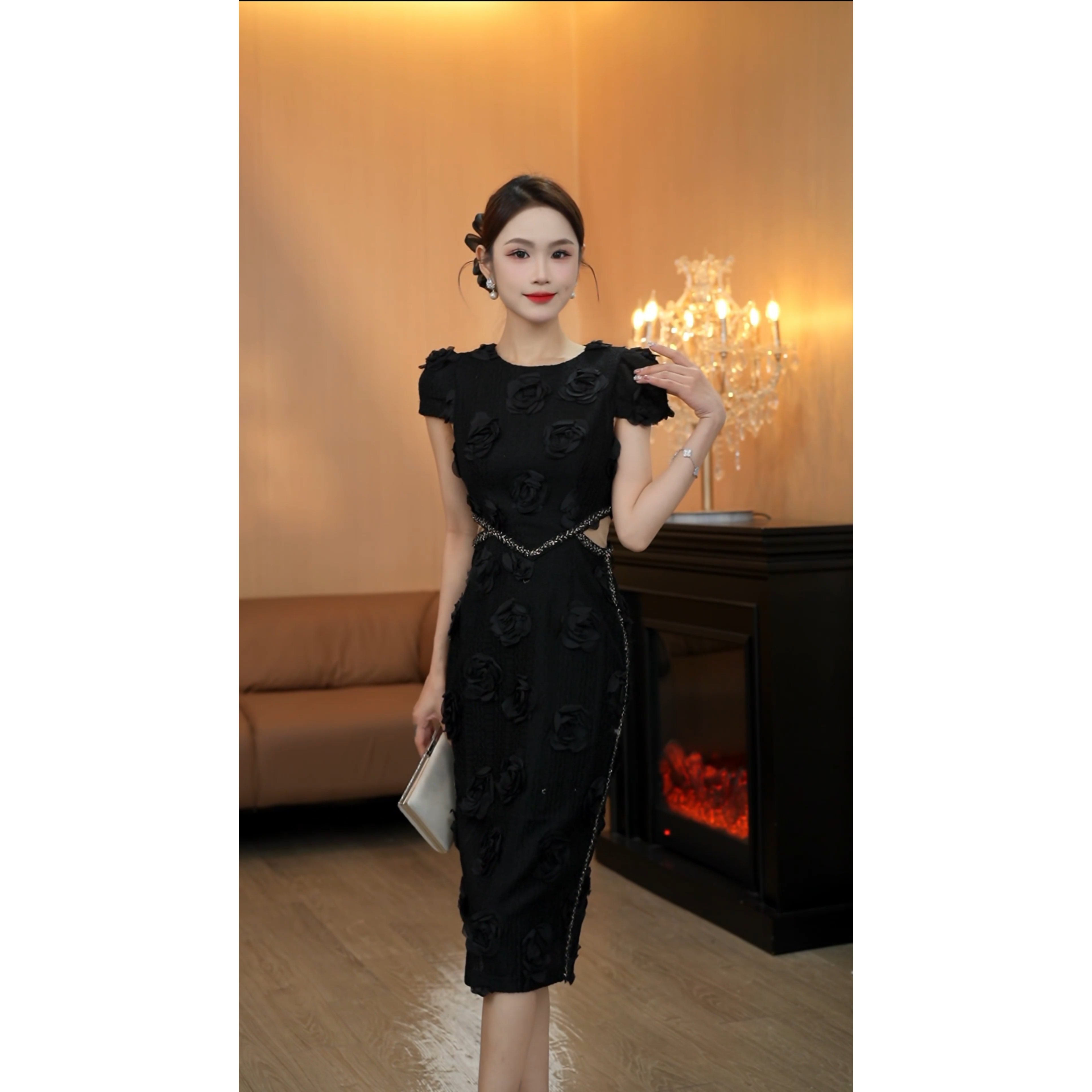 3396欧洲站收腰连衣裙立体玫瑰花高级法式开叉气质显瘦包臀裙