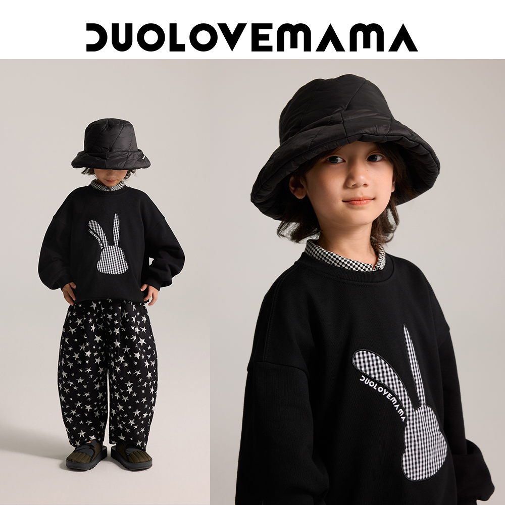DUOLOVEMAMA 纯棉格纹小兔剪影儿童卫衣男女童圆领休闲复古上衣秋