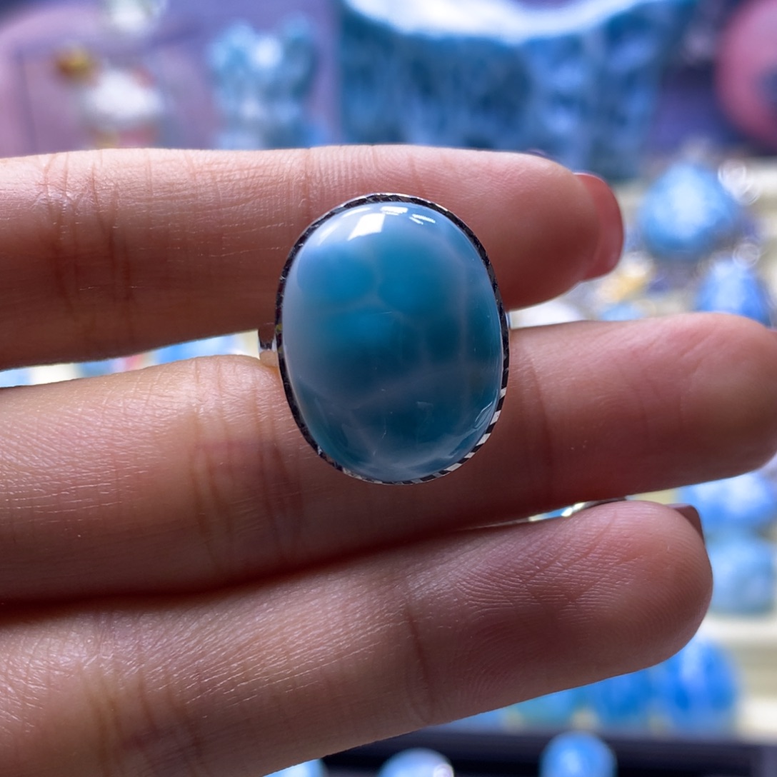 针钠钙石（海纹石）银S925镶嵌戒指蛋面戒指色差略异