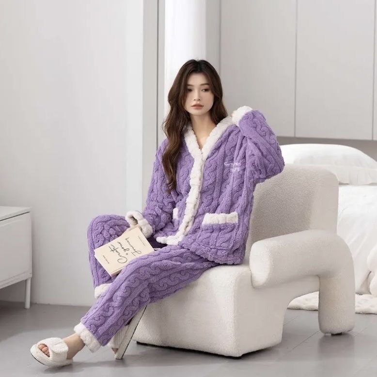 【清仓福利】珊瑚绒女士时尚V领秋冬季睡衣家居服可外穿套装SV23377