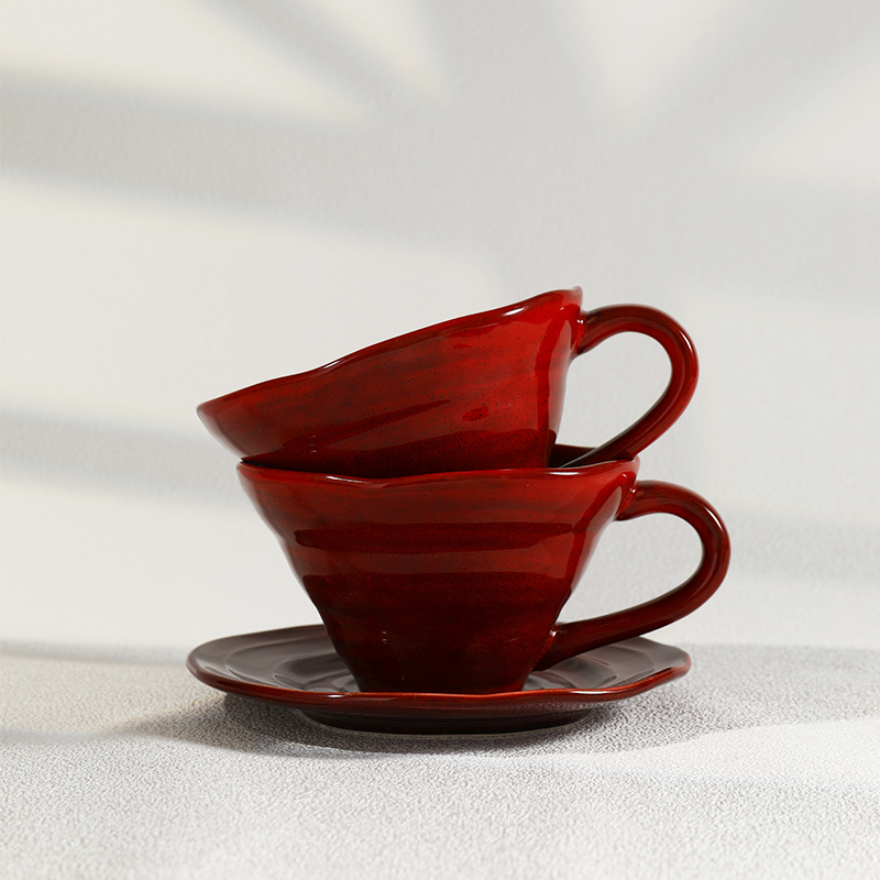 窑变红杯手工咖啡杯复古风陶瓷杯创意杯碟套装粗陶拿铁杯