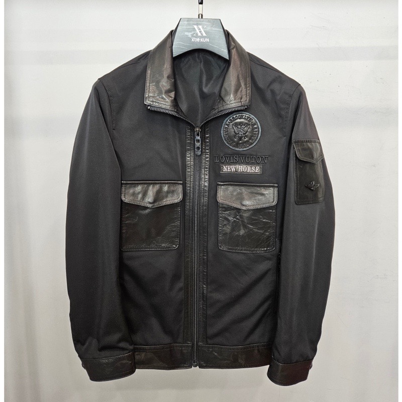 【LX高定】2351，男士短款翻领时尚休闲拼接真皮牛皮夹克