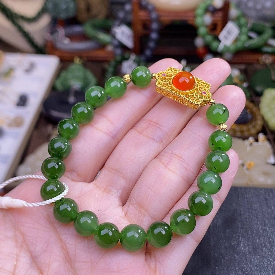 和田玉碧玉手链清货价约8MM未镶嵌