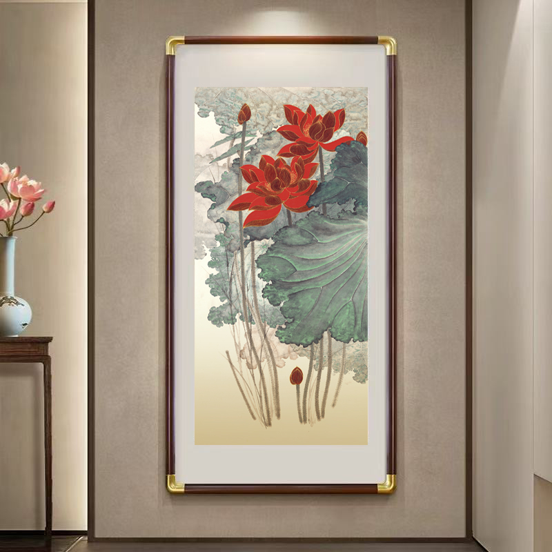 立体手工金箔描金新中式玄关装饰画客厅走廊过道荷花挂画竖版壁画