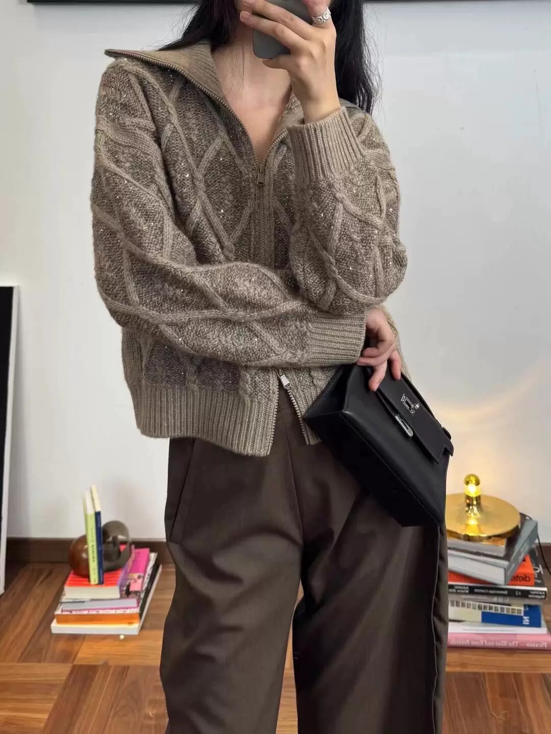 BC老钱风重工菱格钩花亮片翻领山羊绒WTHK