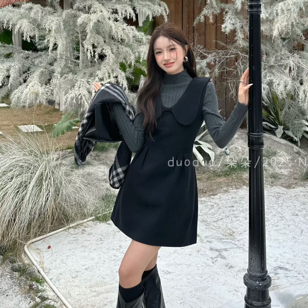 娃娃领时尚显瘦毛呢连衣裙气质