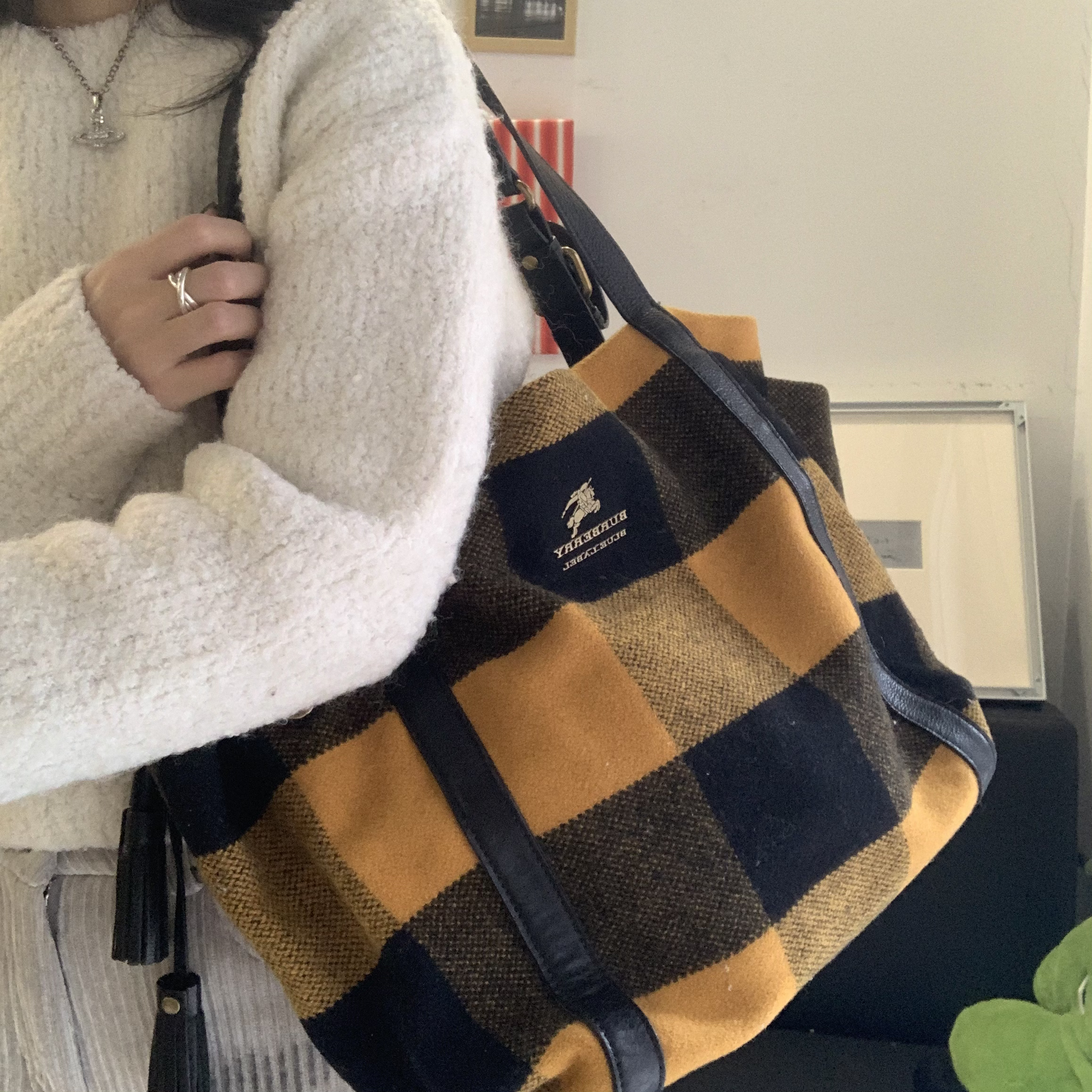 95新 BURBERRY/博柏利 0格纹毛呢托特包