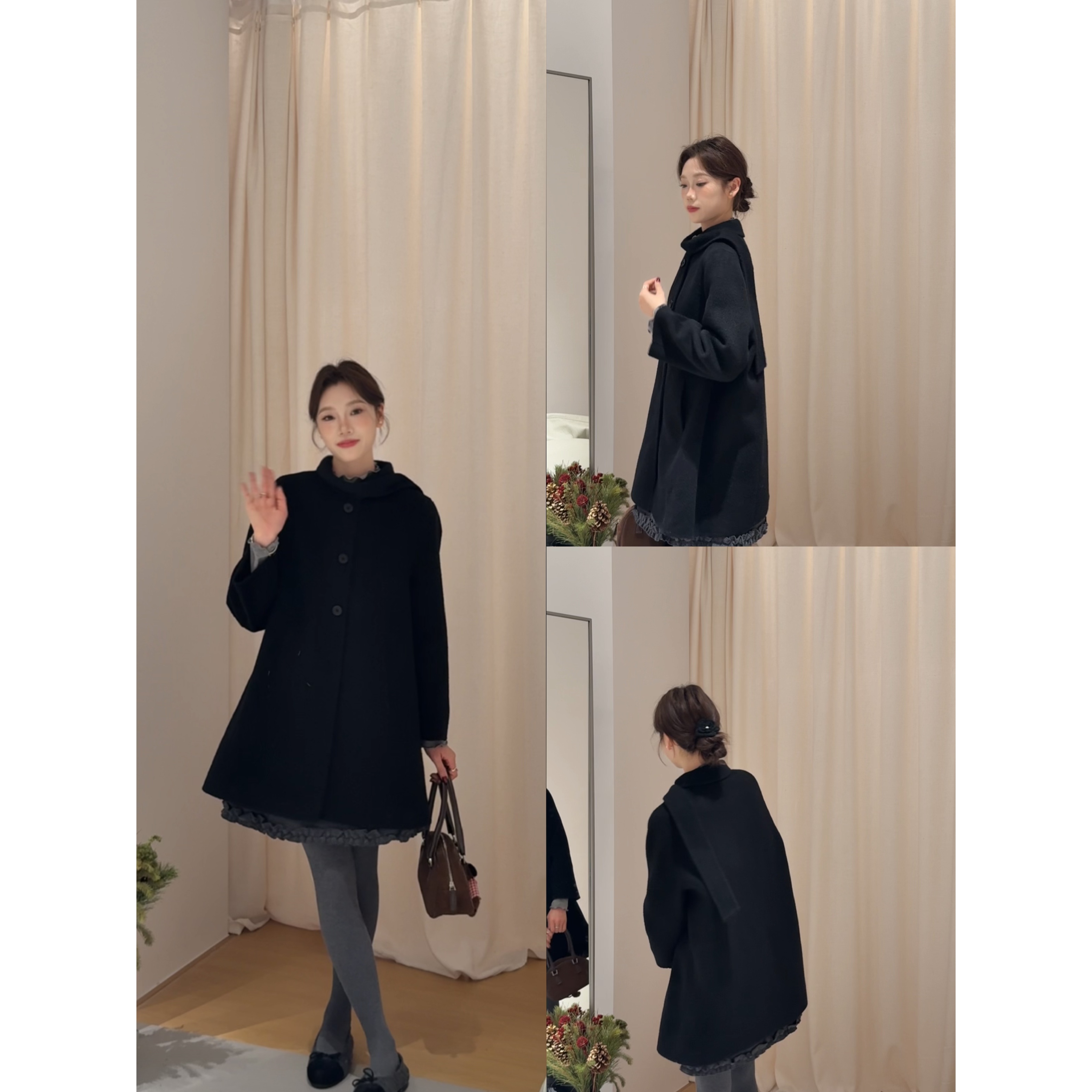 86550#双面手工100羊毛大衣围脖领系带设计千金风双面羊毛大衣