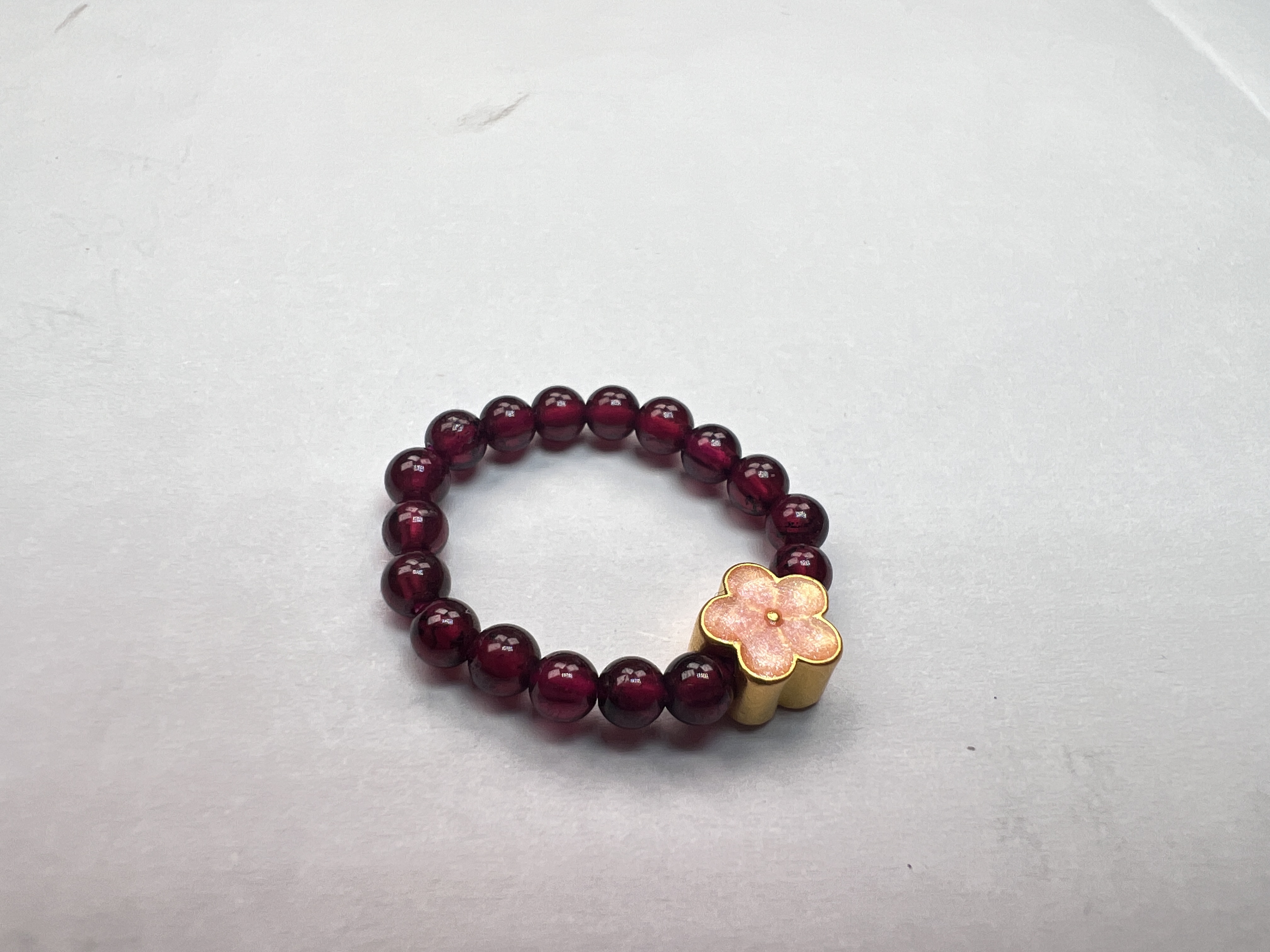 足金999烧蓝款一面粉色一面素色小桃花/小樱花石 榴 石戒@@A105