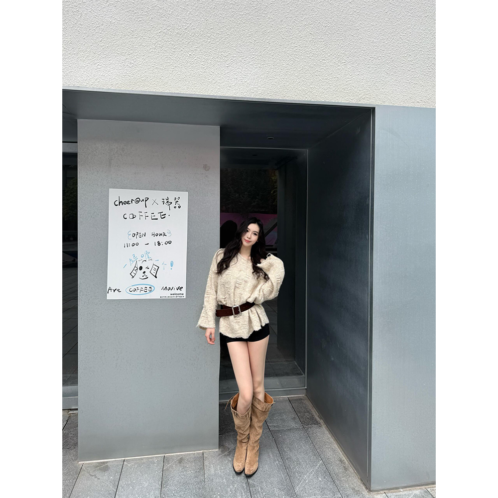 秋季新款气质斜肩设计感长袖大毛衣女慵懒风毛针织衫 22507#