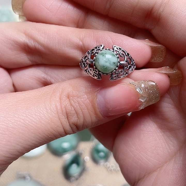 透闪石-蛇纹石玉戒指银S925镶嵌