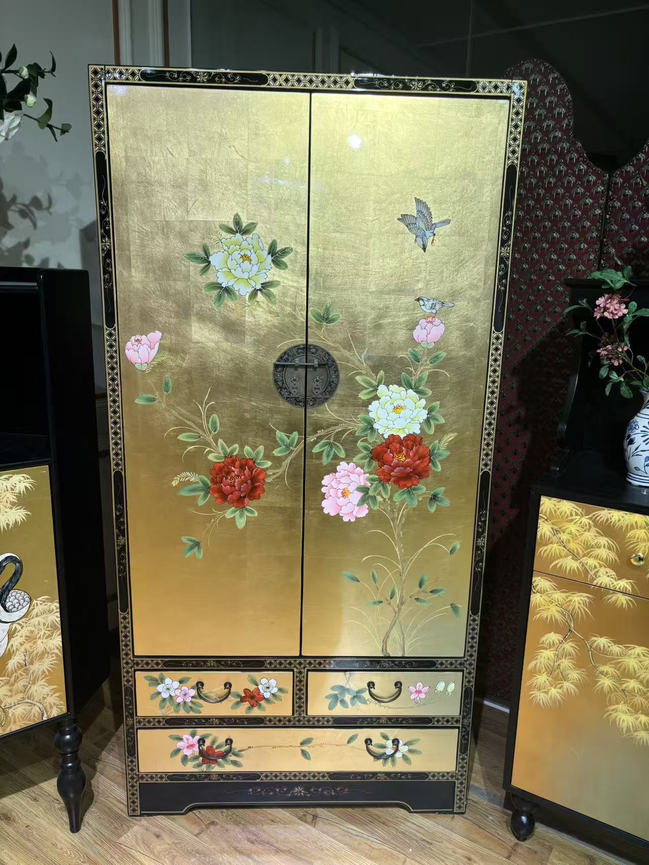 新中式彩绘牡丹花古典衣柜金箔收纳柜高柜家用储物柜卧室装饰柜