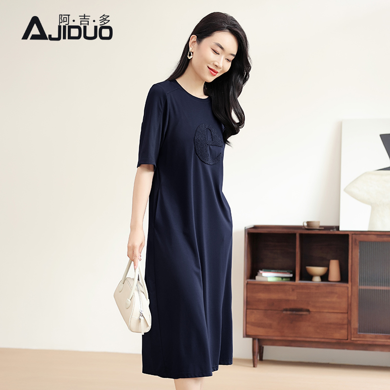 阿吉多圆领短袖连衣裙女夏季新款休闲时尚t恤裙妈妈气质大码裙子