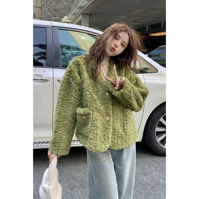 仿羊羔毛外套女秋冬新款学院风设计感领宽松开衫长袖服女