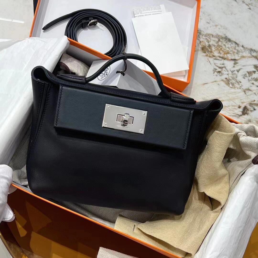 99新 Hermes/爱马仕 蔚蓝/黑银 2424 mini斜挎包 B刻
