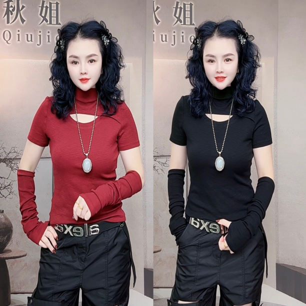 秋姐穿搭-#533早秋新款时尚百搭带袖套中领T恤