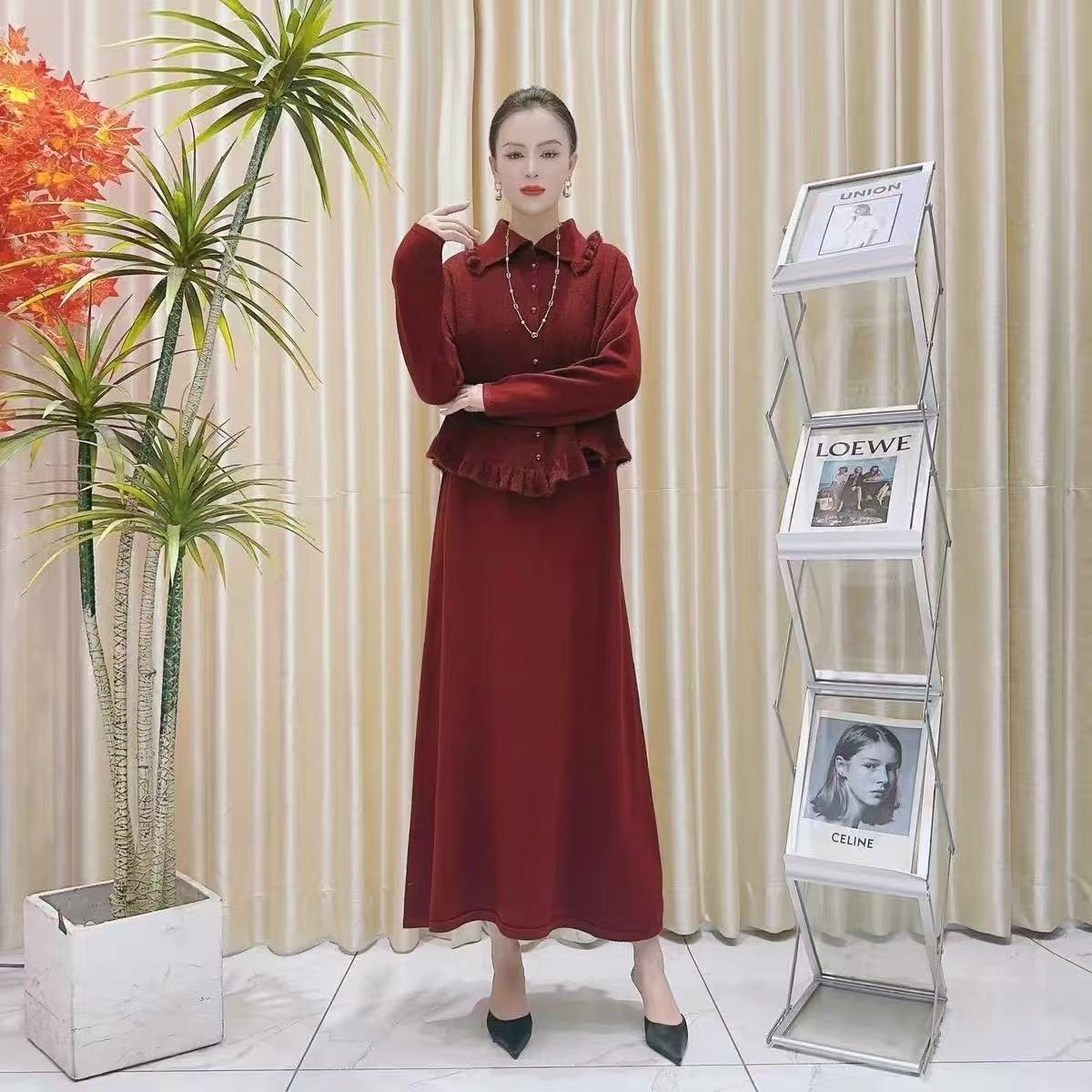 秋冬长款提花轻奢针织两件套