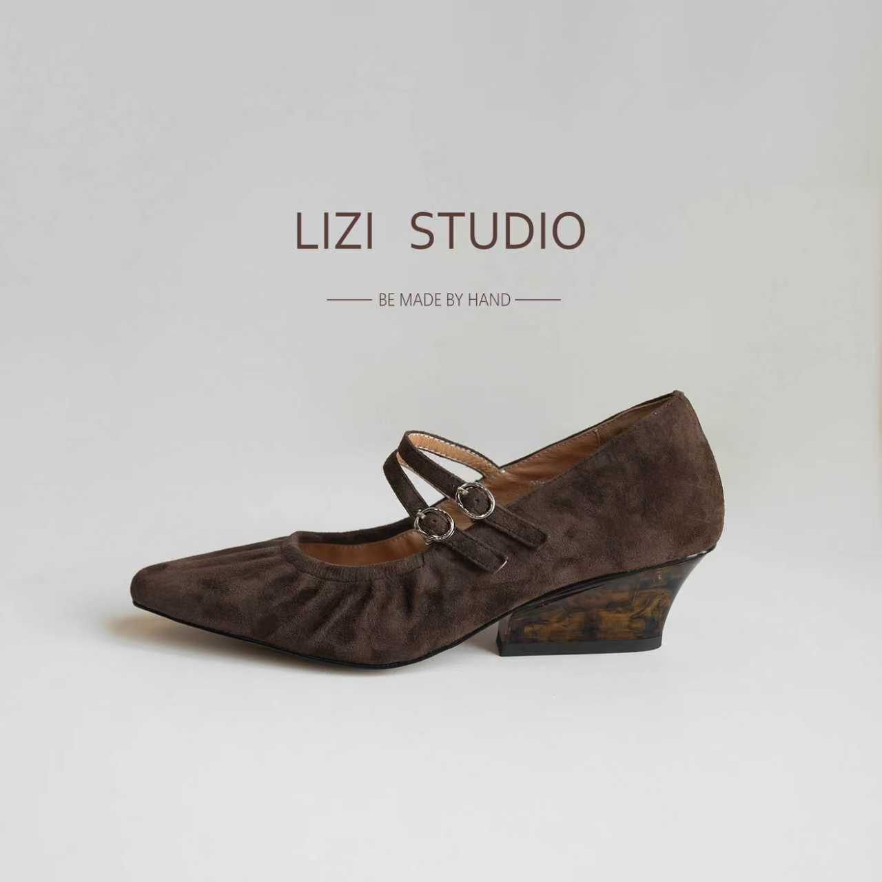 【栗子】5cm法式复古一字带坡跟浅口玛丽珍单鞋