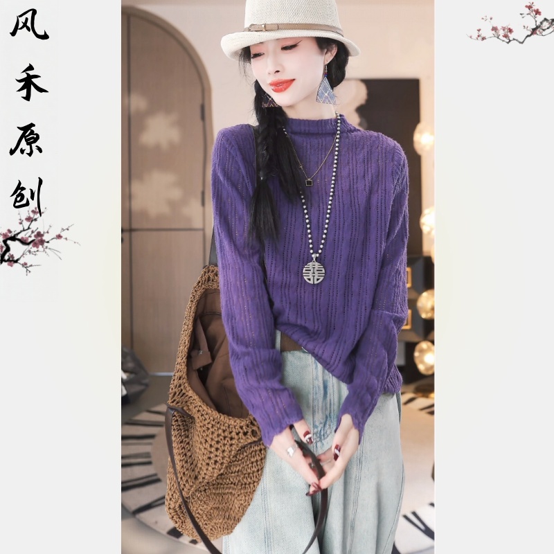 风禾原创【98933】冬季新款时尚复古立领纯色显瘦花边套头打底衫