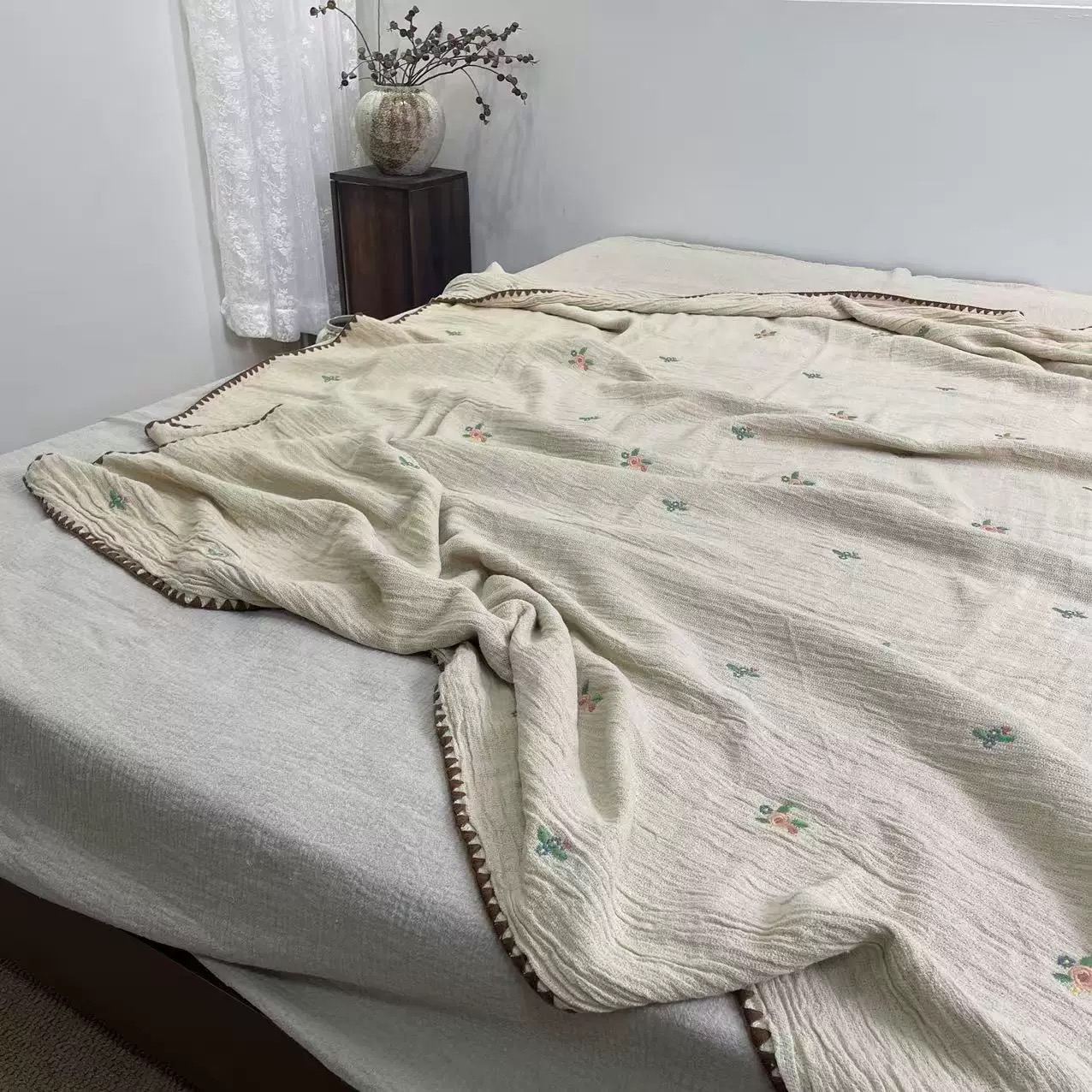 暗香汉麻老陈麻乡村四季通用双层刺绣盖毯加厚毯子床单