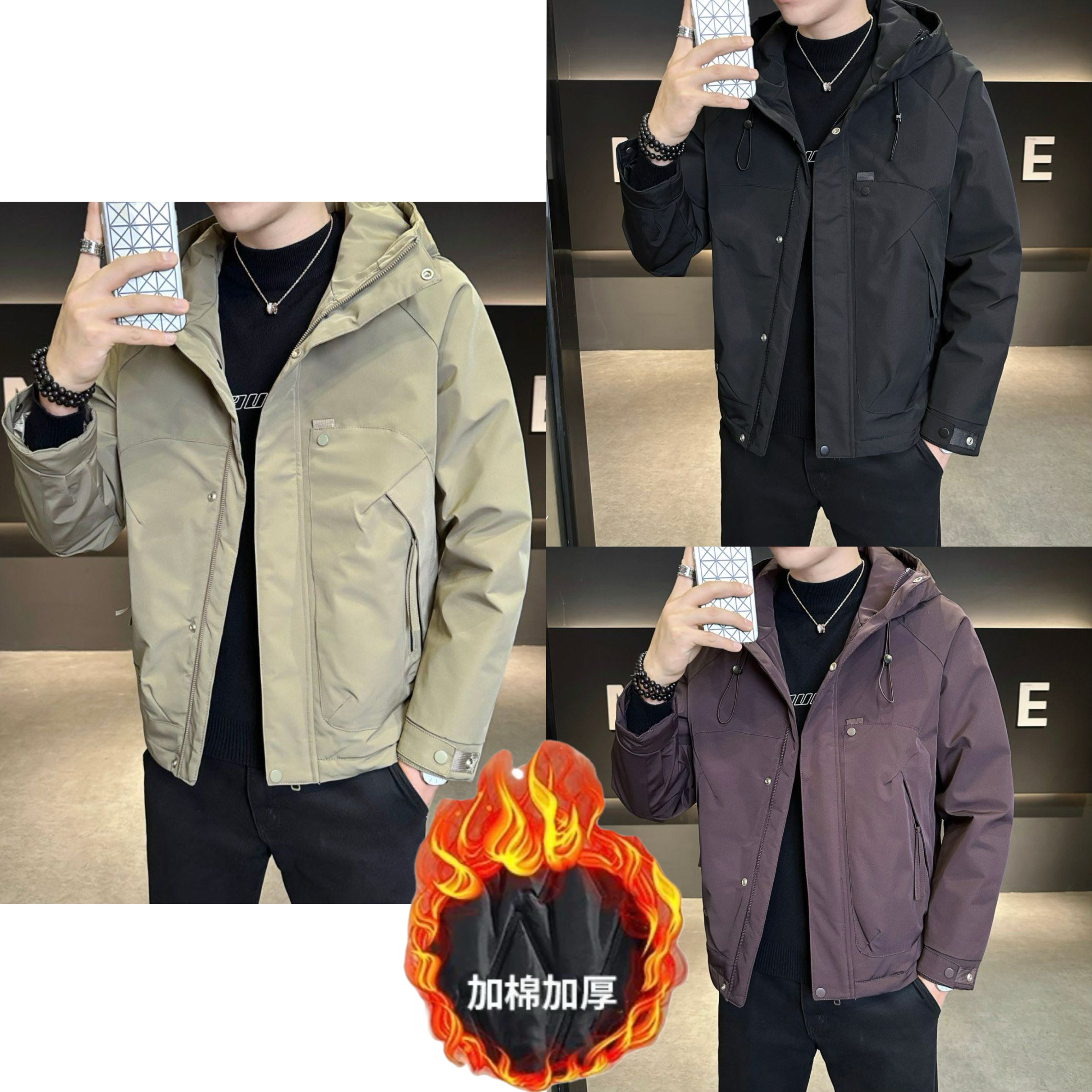 男士二棉加厚新款外套连帽短款休闲夹棉时尚保暖修身秋冬季M-21-1