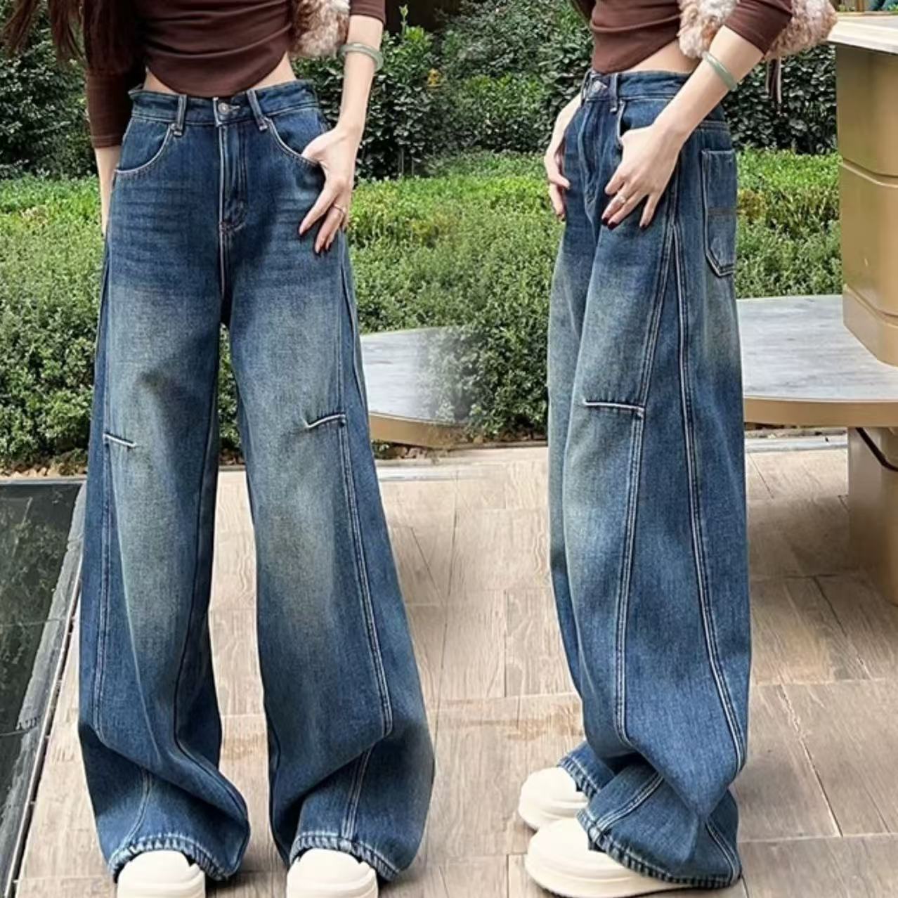 美思源欧版水洗阔腿牛仔裤女2025新款秋冬加绒高腰宽松复古弯刀裤