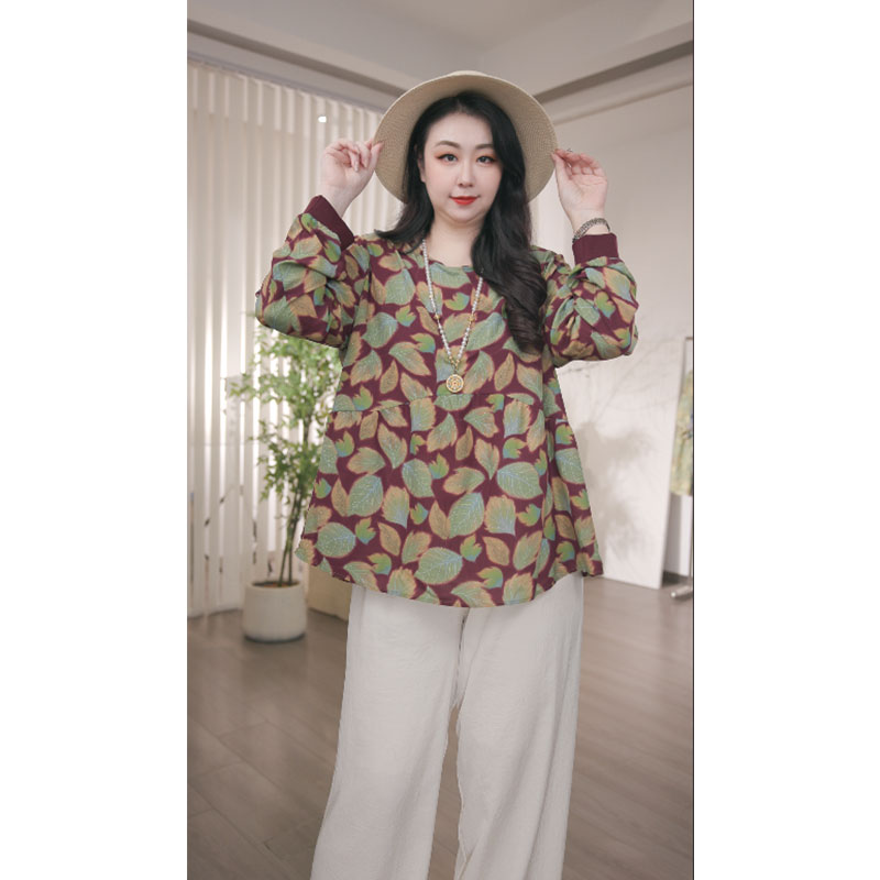 大码女装拼色民族风褶皱圆领休闲风中老年女装T恤