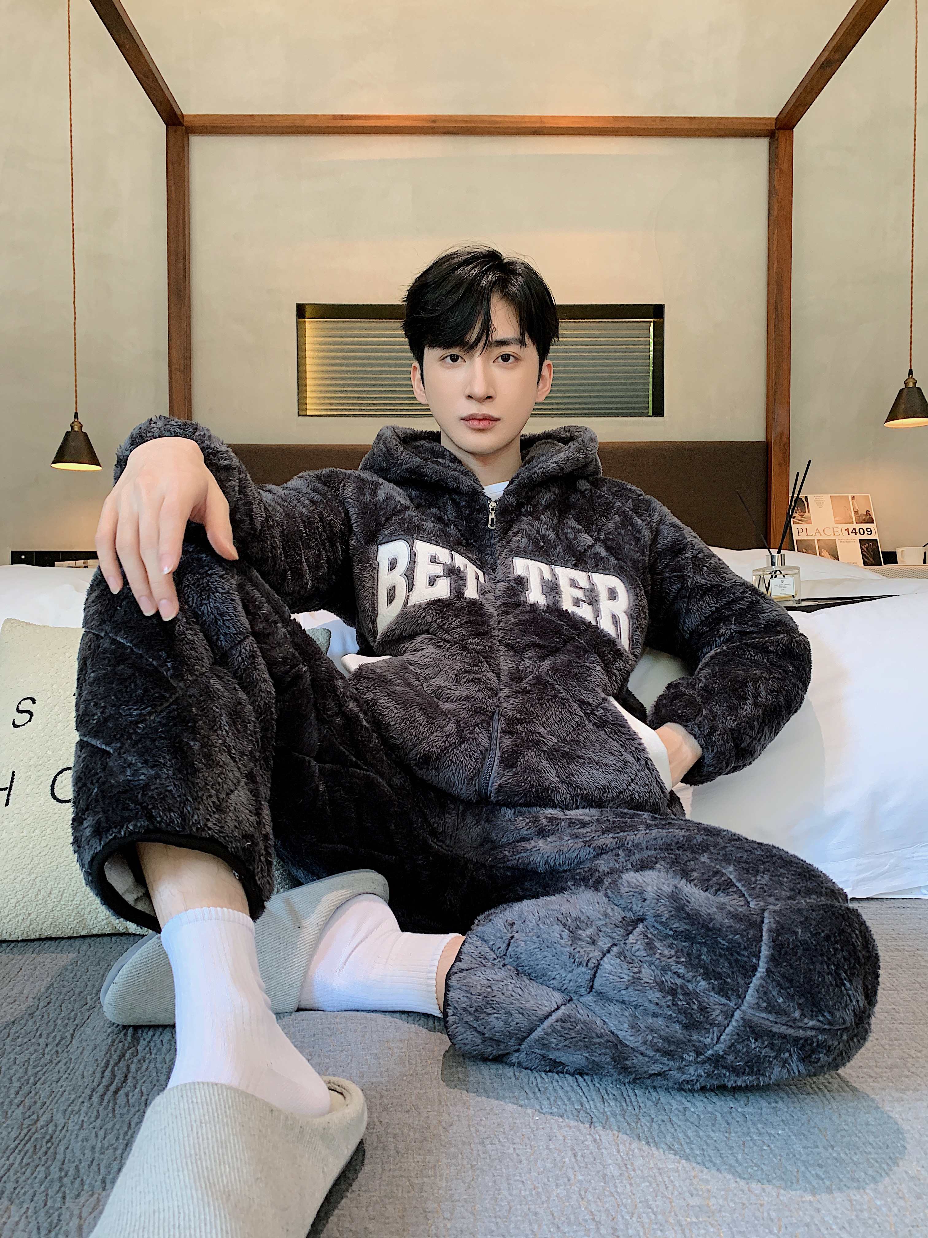 家居服套装保暖青年连帽冬季长袖加厚睡衣冬款77643