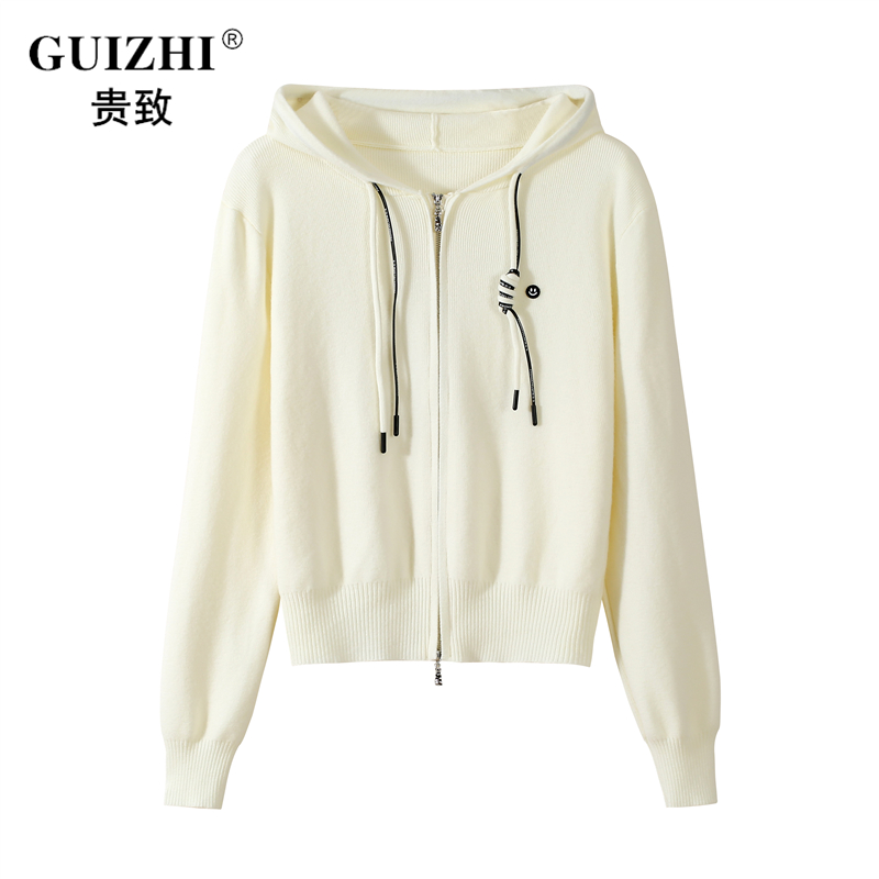 纯色笑脸双拉链连帽针织开衫女2025秋装上新软糯休闲时尚毛衣上衣