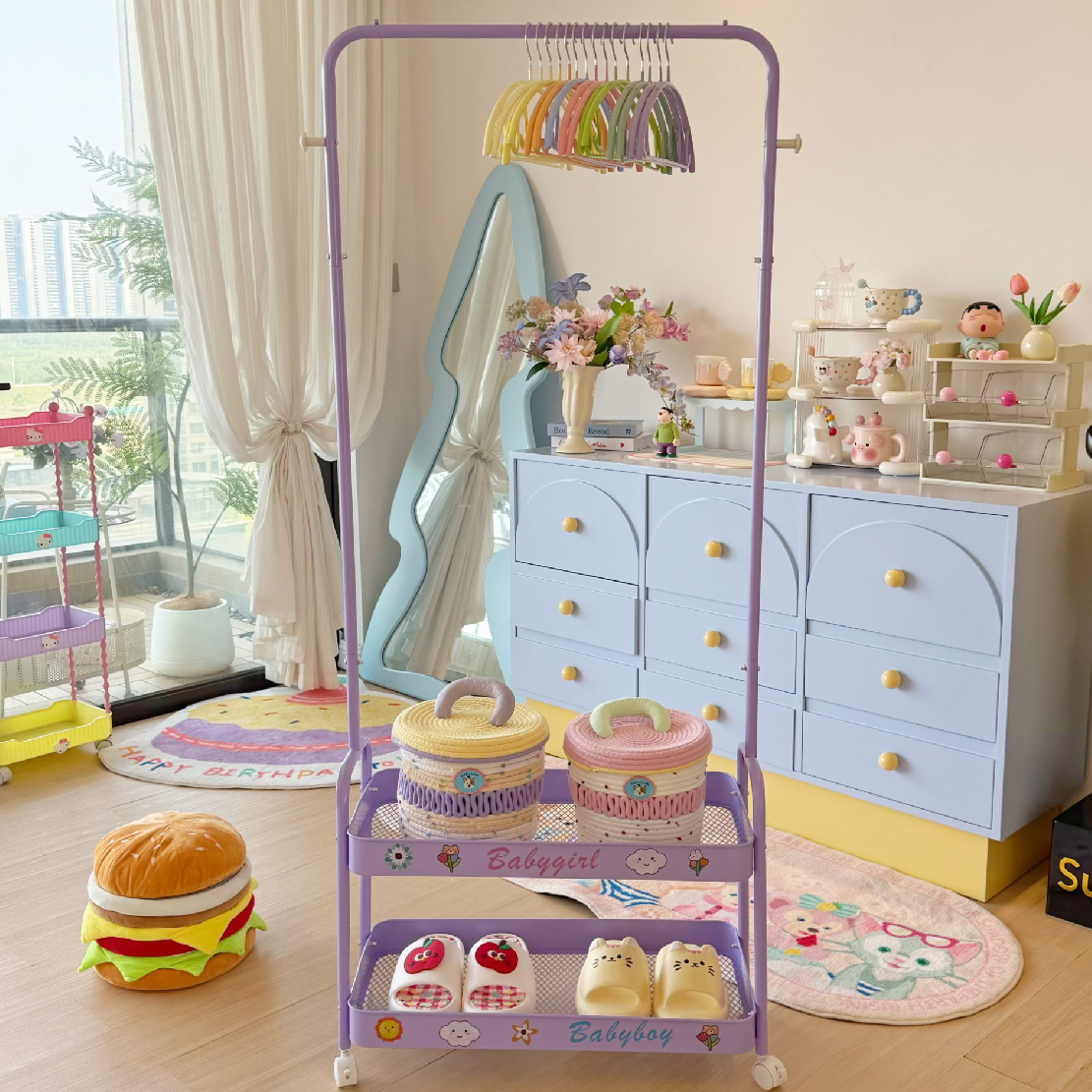 【全碳钢喵喵款】落地晾衣架衣帽架可移动卧室挂衣架收纳置物滑轮