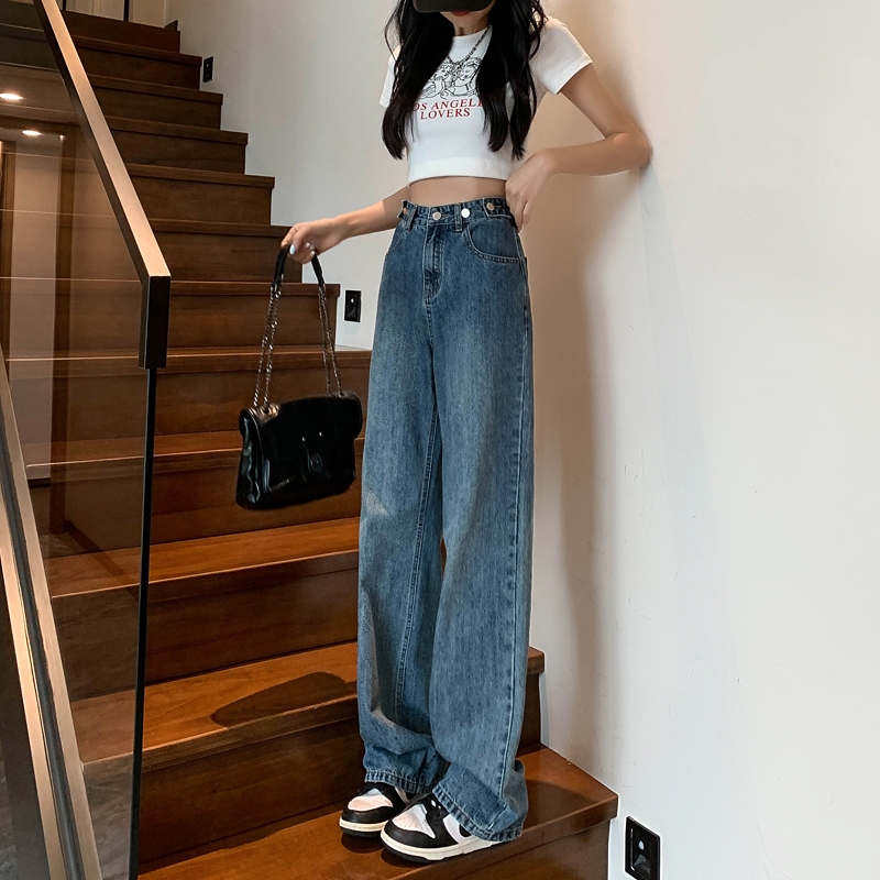 早秋高腰阔腿牛仔裤宽松显瘦休闲大码胖mm长裤水洗大码女装裤子MM
