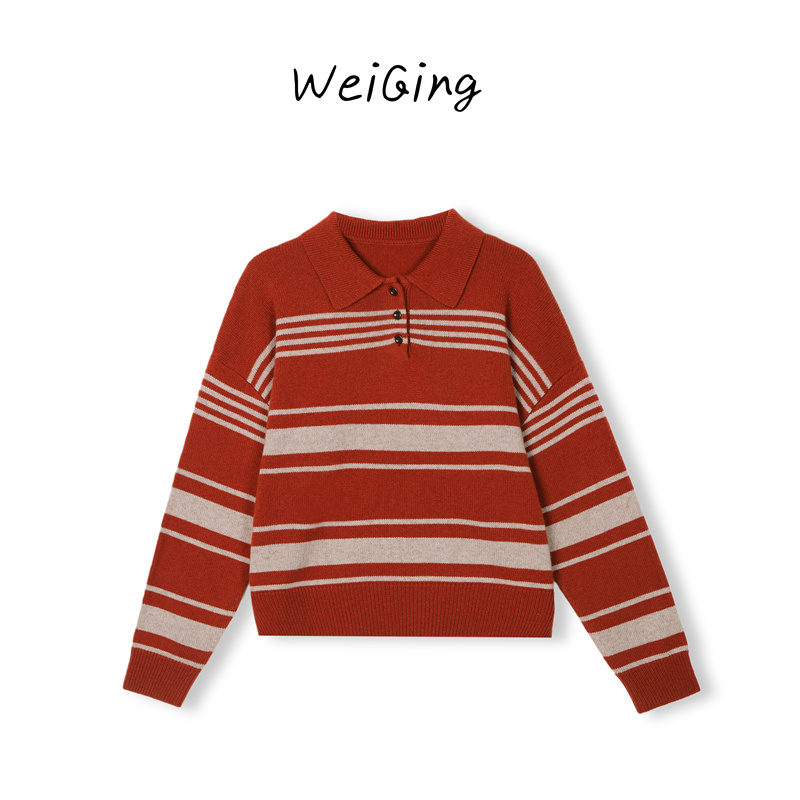 【丹姐家~条纹翻领毛衣】100%羊毛！休闲慵懒风条纹百搭针织衫
