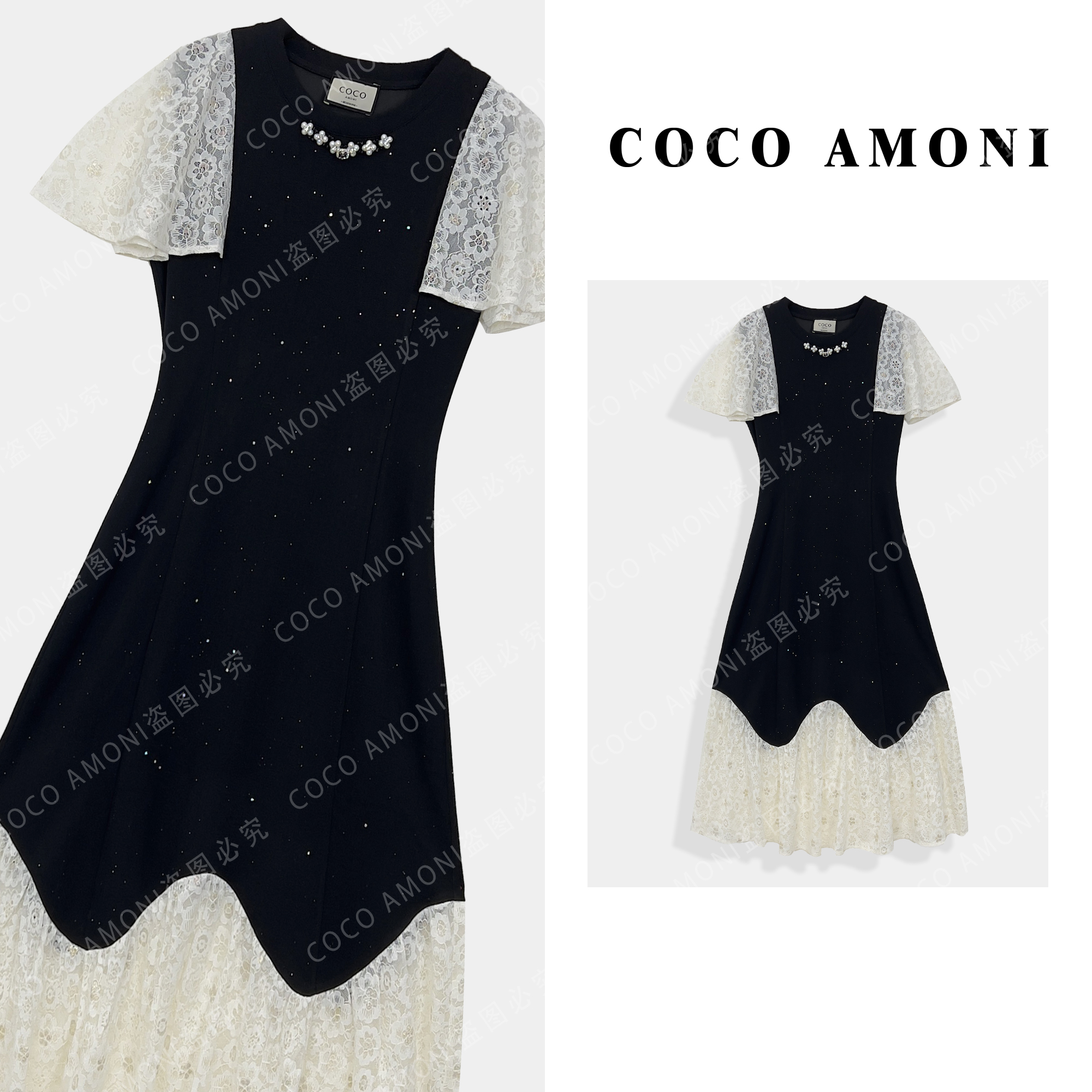 夏日轻奢时尚设计新款女装拼接重工亮钻显瘦气质连衣裙AC664