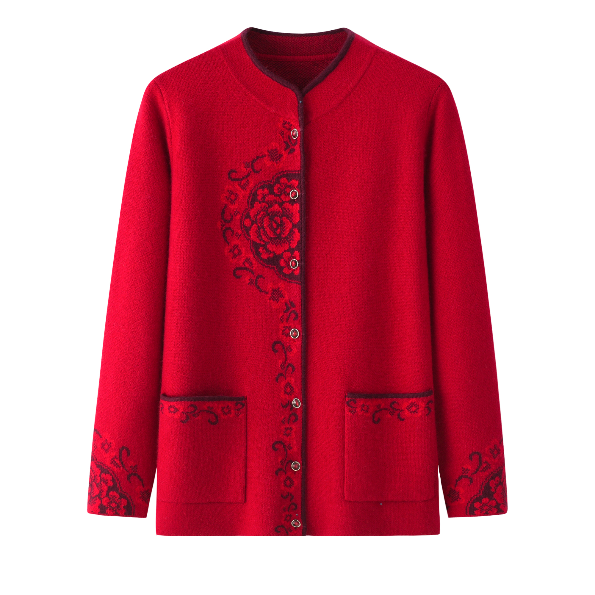 内蒙古冬季中老年妈妈中式领加厚羊毛衫开衫女士宽松大码保暖毛衣