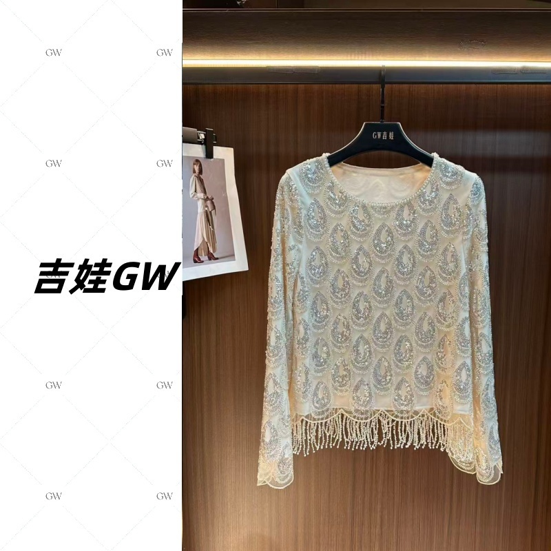 GW新款气质通勤重工精致宽松水滴洋气亮片钉珠菱格纹长袖上8320