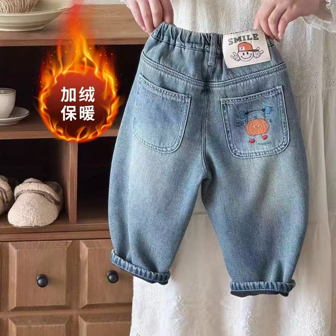 男童加绒一体绒牛仔裤卡通刺绣休闲直筒裤宽度百搭冬季牛仔裤男童