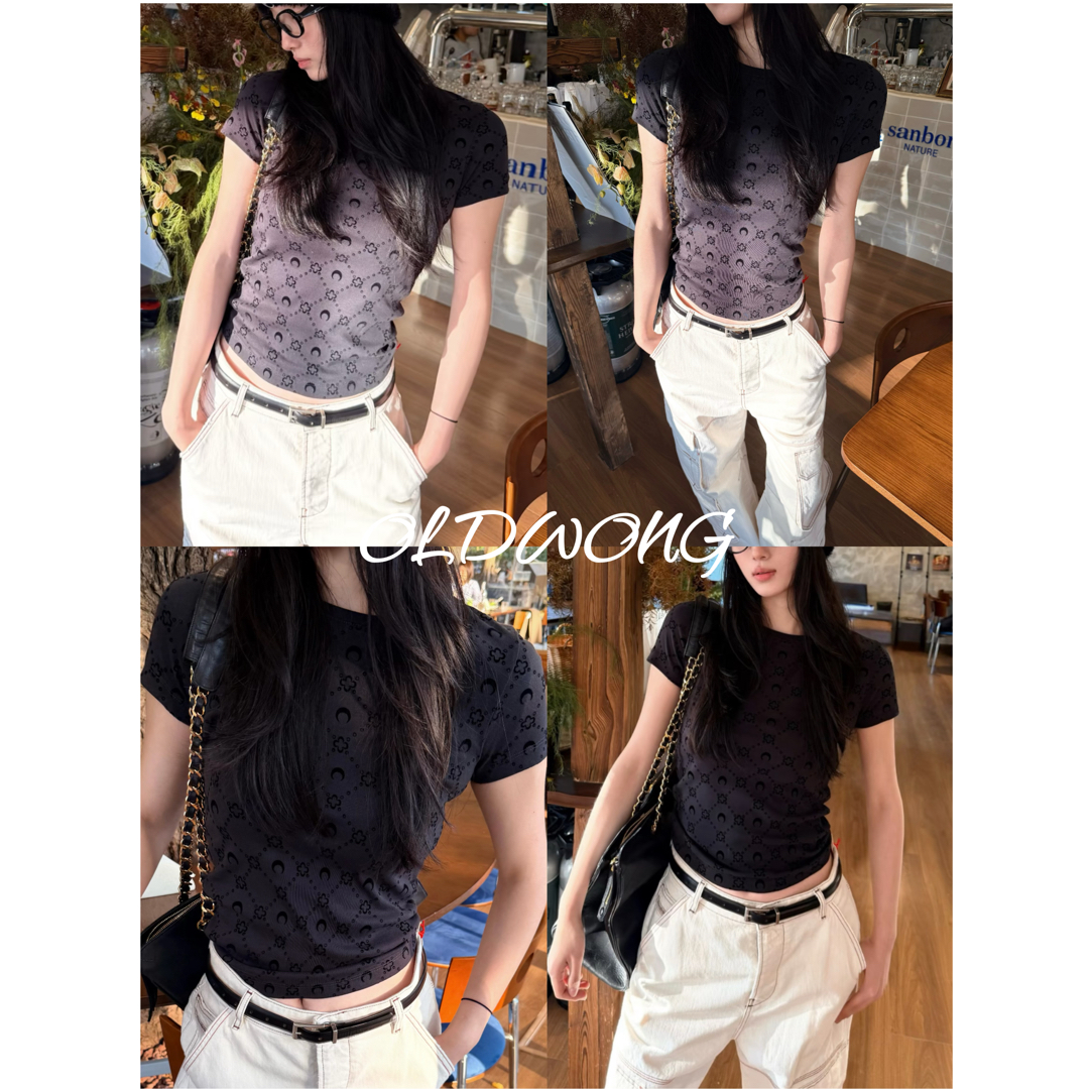 OLDWONG“植绒月亮”高级感立体植绒月亮印花修身显瘦短袖T恤