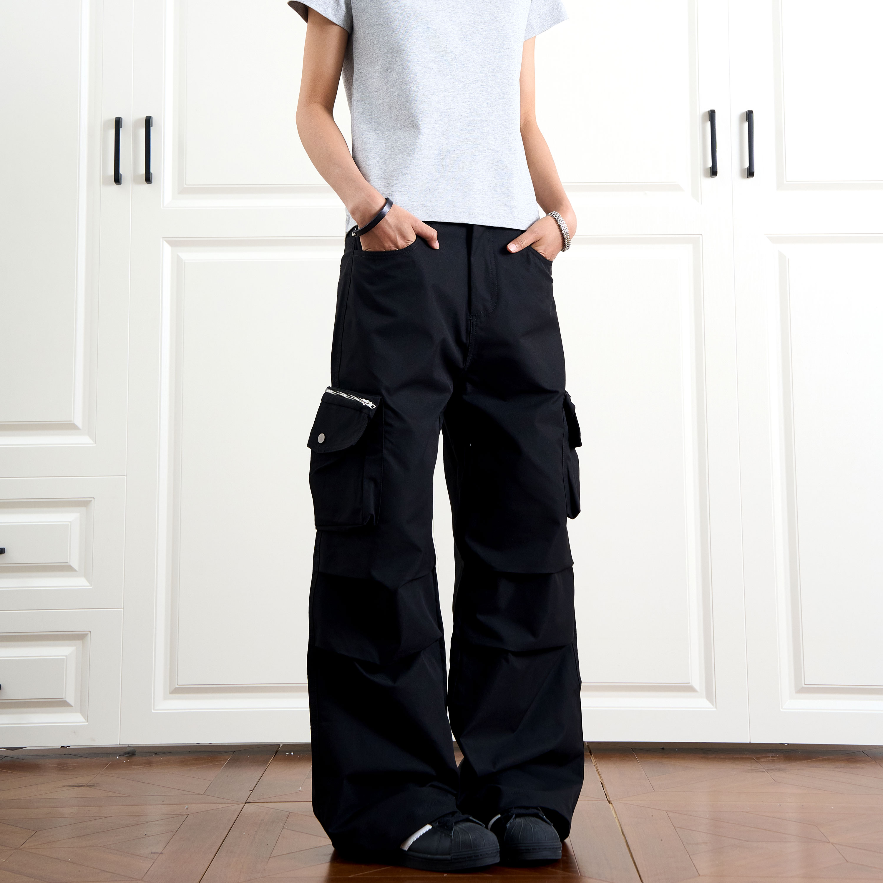 J LONE美式复古褶皱伞兵裤男女阔腿直筒拉链口袋工装裤休闲长裤子