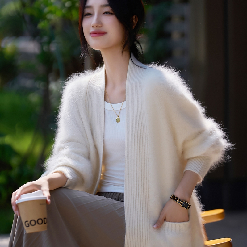 新款羊毛拉绒针织开衫女围巾领中长款保暖外套羊毛休闲宽松厚毛衣