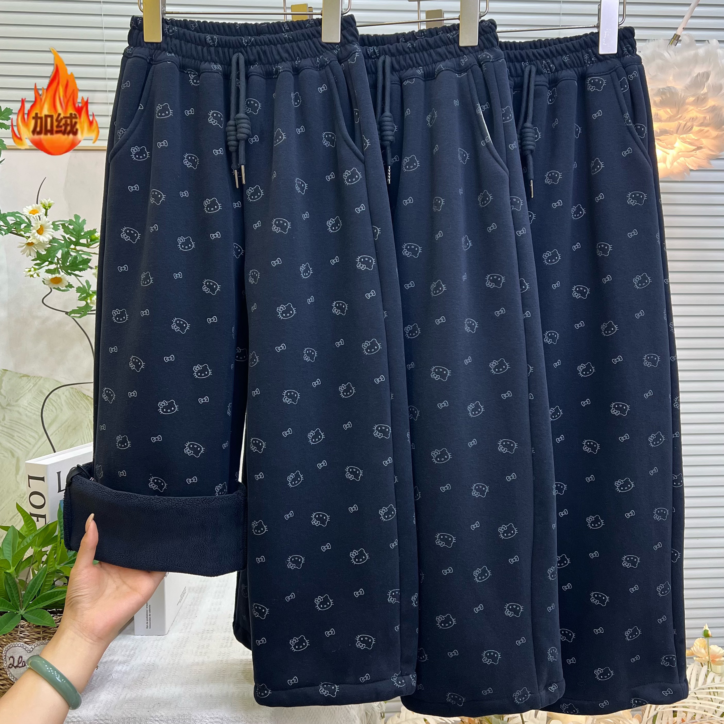 【加绒】女童满印凯蒂猫加绒阔腿裤中大童休闲直筒裤11159