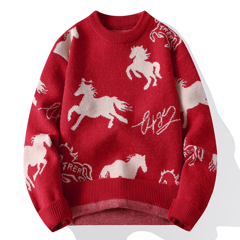 2025秋冬新年红色季毛衣男士马年印花圆领套头针织衫情侣装Y096