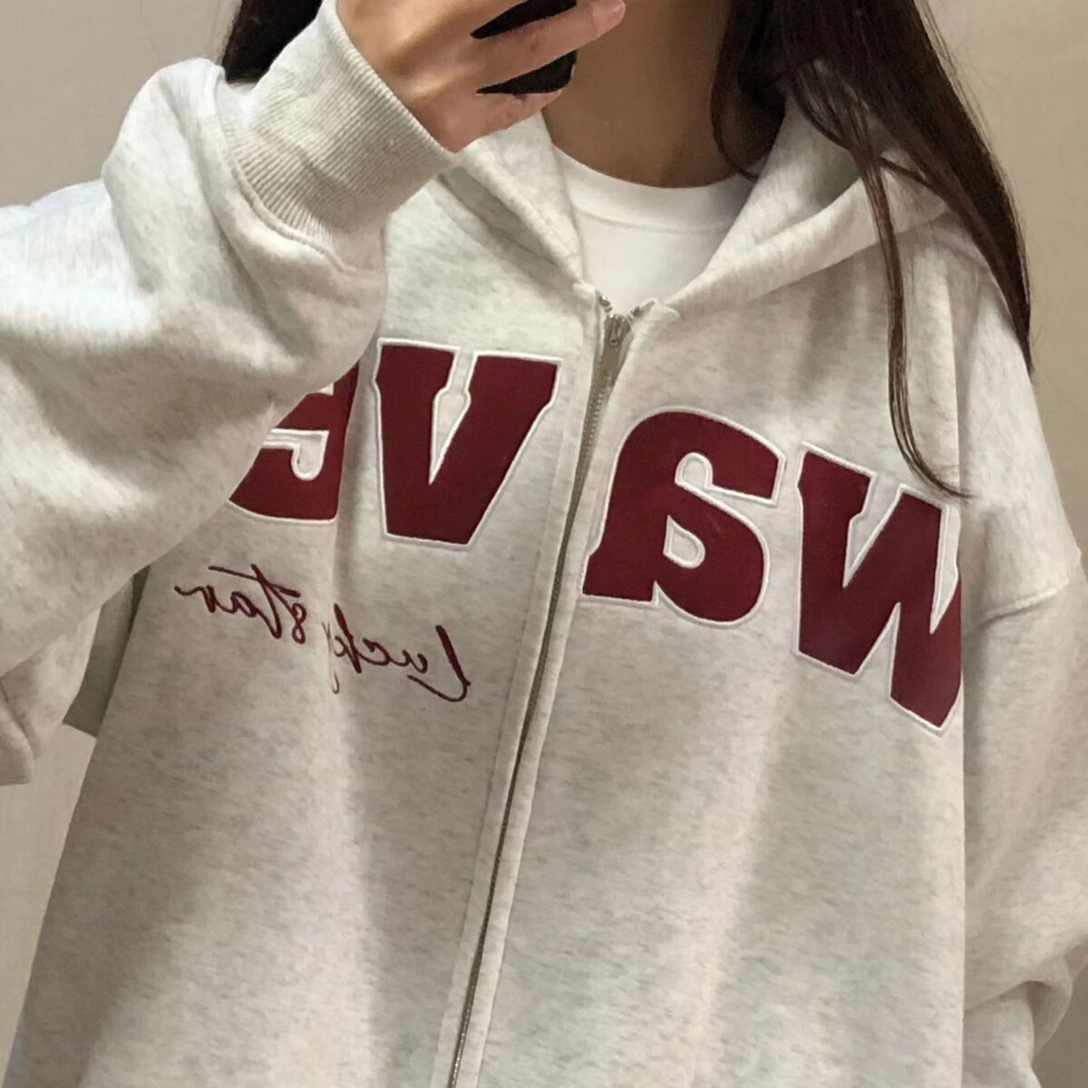 爆款慵懒风加绒连帽秋季女春学生新款宽松字母刺绣开衫外套女潮