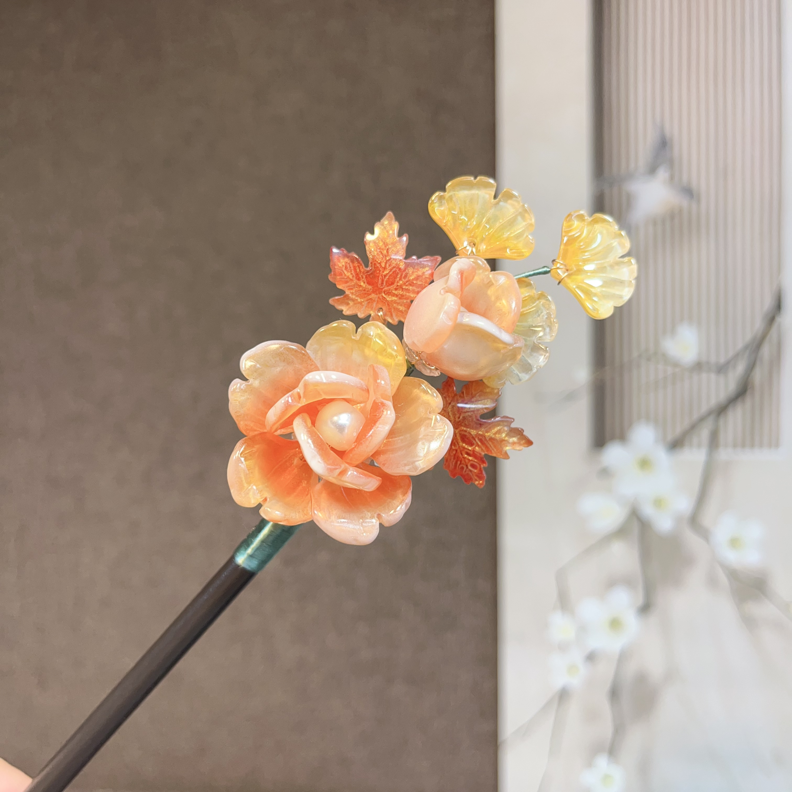 475原创琉璃木簪橙色汉服发饰头饰配饰