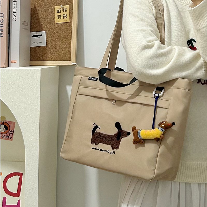 休闲复古大容量托特包可爱小狗少女单肩包初高中学生上课补习包