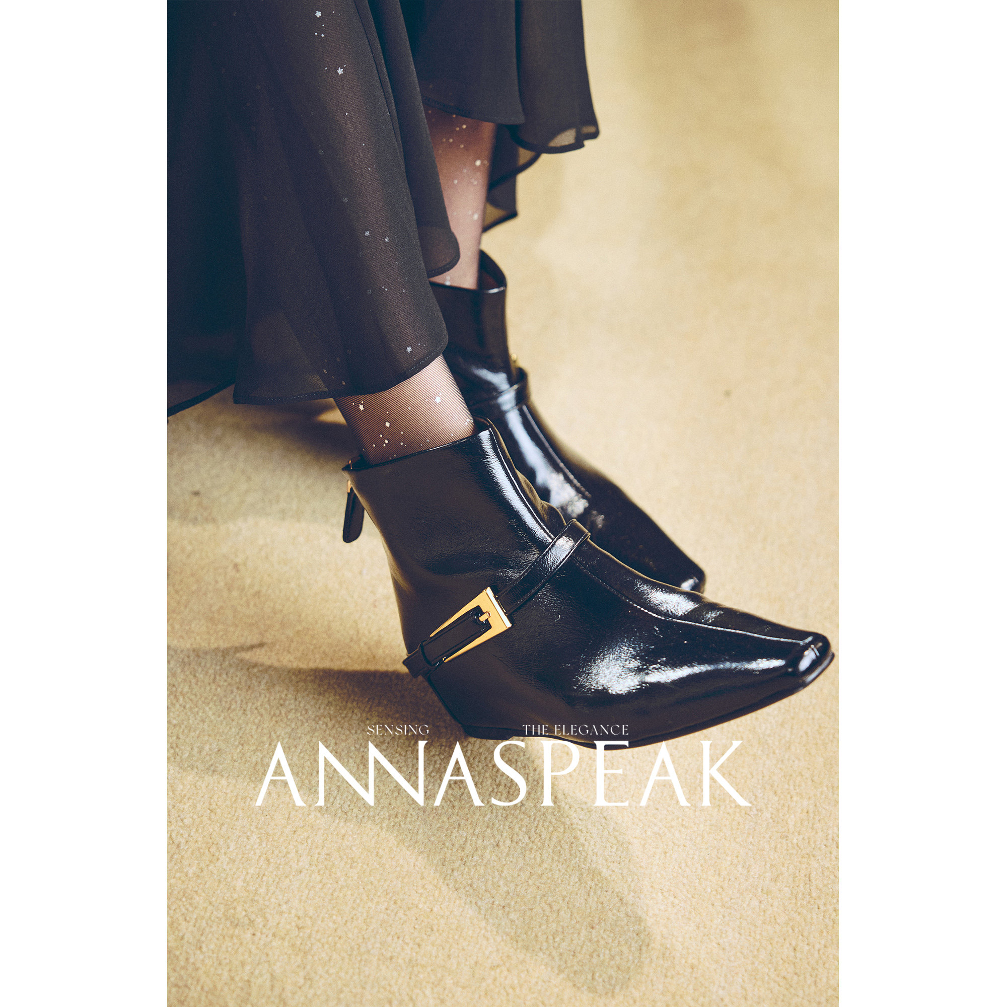 ANNASPEAK冬季长腿神器 心机隐藏式内增高 重工亮面小龄牛皮短靴