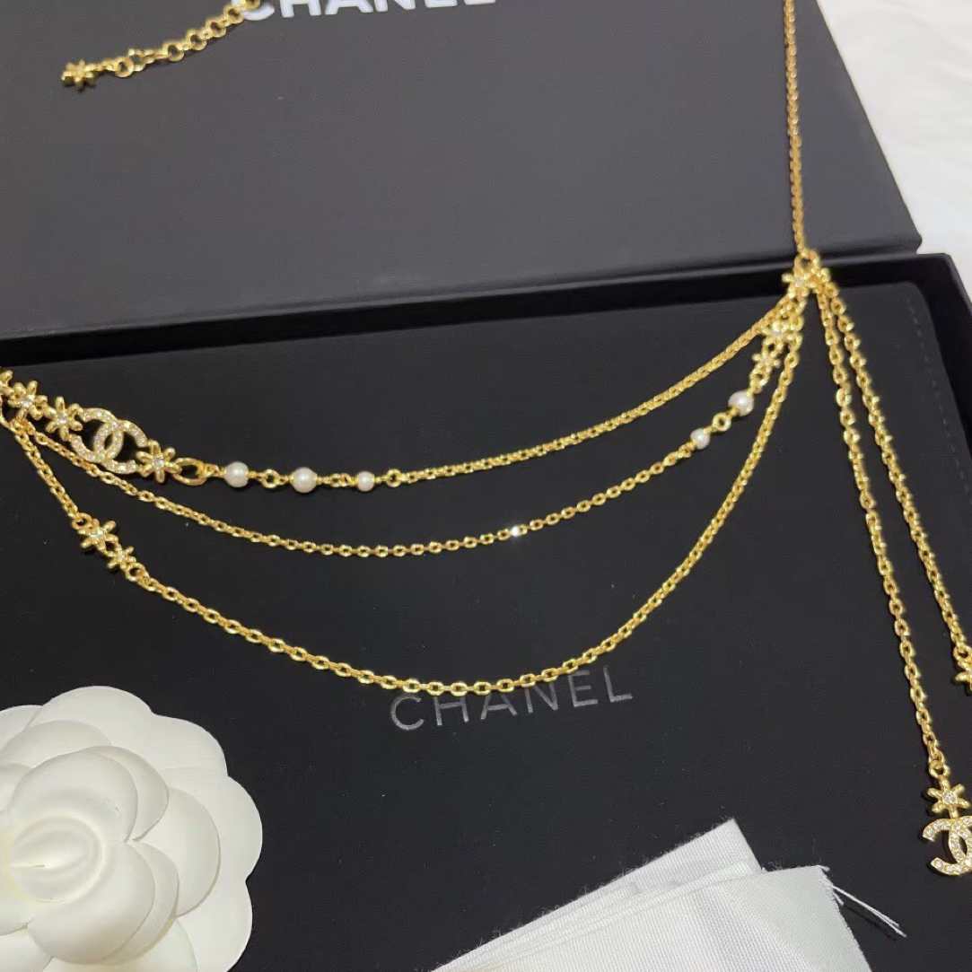 未使用 Chanel/香奈儿 百搭浓金花花双C 流苏链条腰链项链 