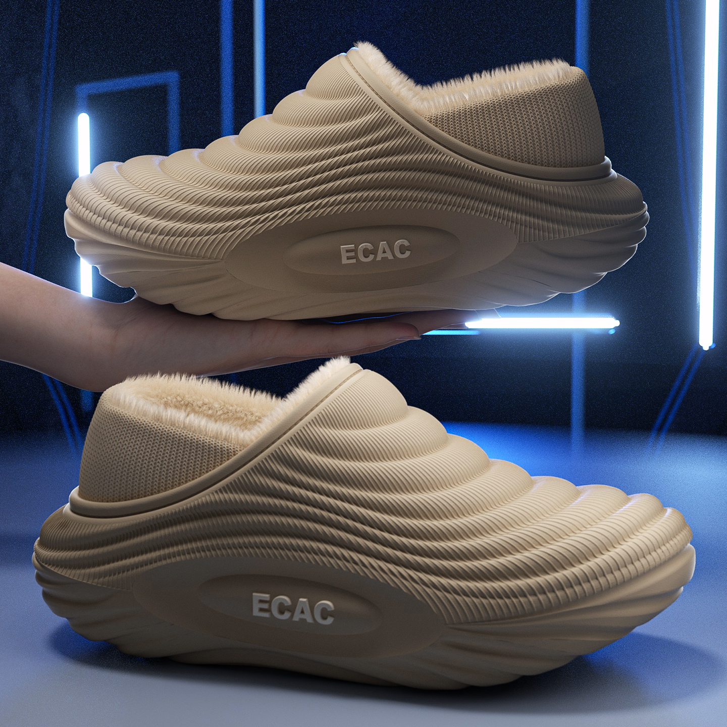 ECAC防水两穿棉拖鞋男士秋冬季外穿居家室内软底防滑加绒包跟棉拖