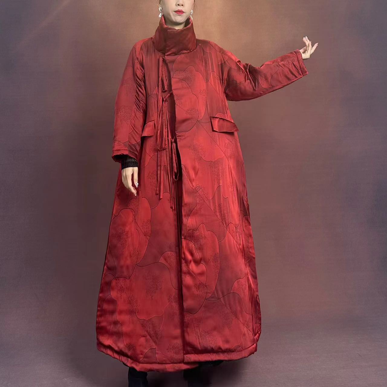 【大海轻奢】W24017新款铁锈红盘扣流苏中国风立领时尚棉服