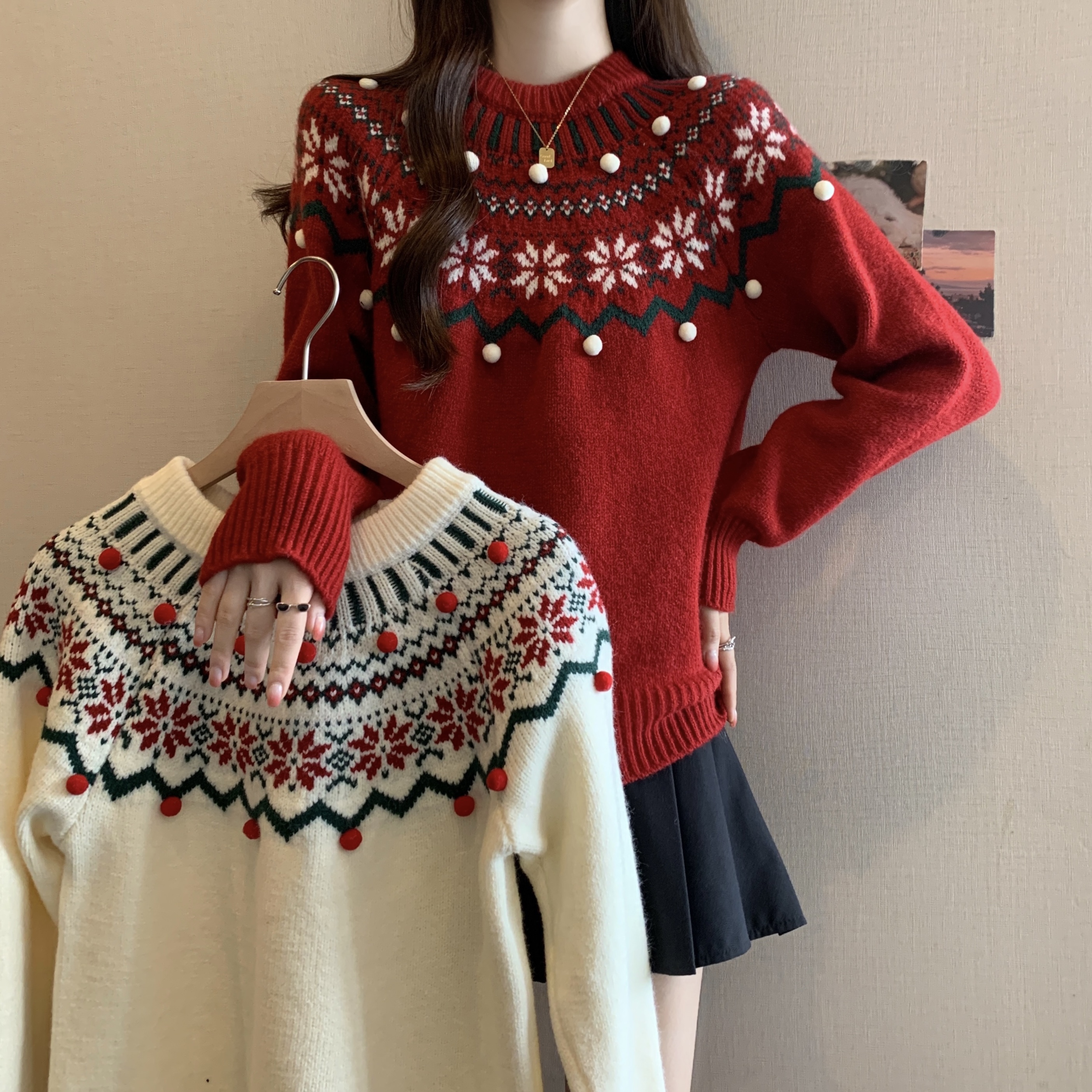 女士秋冬新款大码红色简约风针织套头宽松费尔岛复古提花软糯毛衣